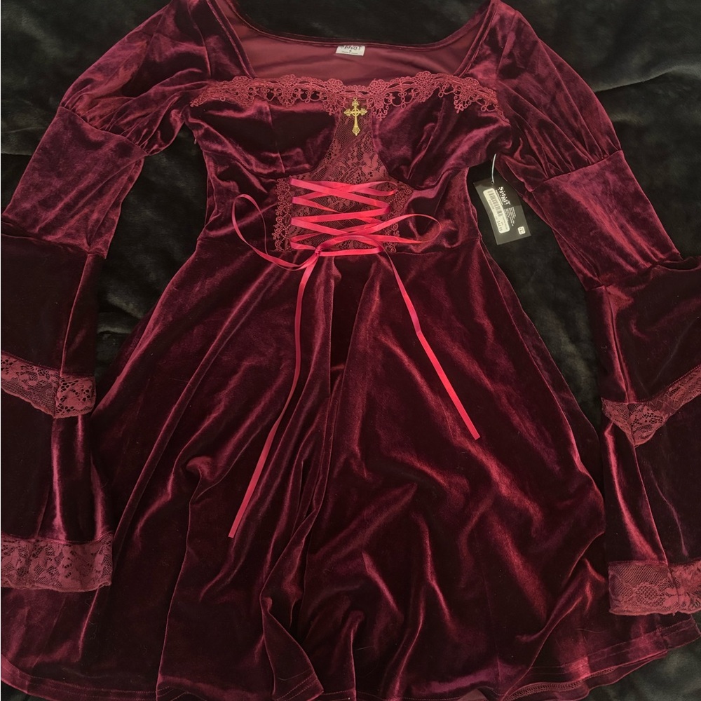 Velvet Burgundy Dress with Lace and Ribbon Detail